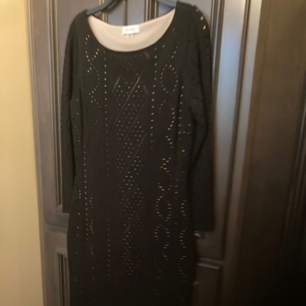 Calvin Klein Long Sleeve Midi Black Eyelet Body Dress
